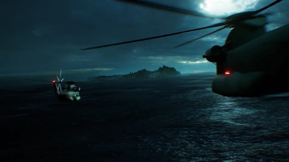 Helicopters fly over a dark sea toward an island at night in Resident Evil Veronica