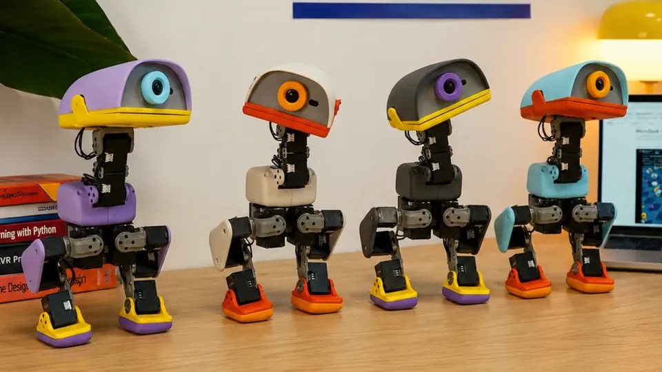 Four Microduck robots in Lavender, Cream, Graphite and Sky stand in a row on a wooden desk