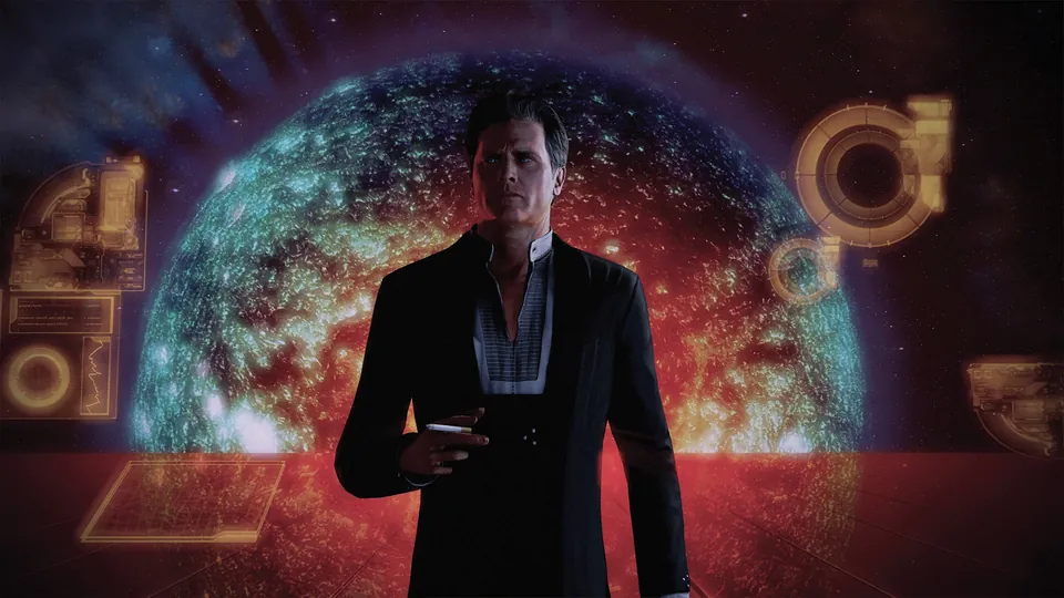The Illusive Man standing before a burning star in Mass Effect Legendary Edition