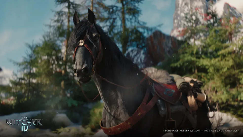 Ciri's black horse Kelpie in a red bridle, standing in a forest clearing in The Witcher 4 tech demo