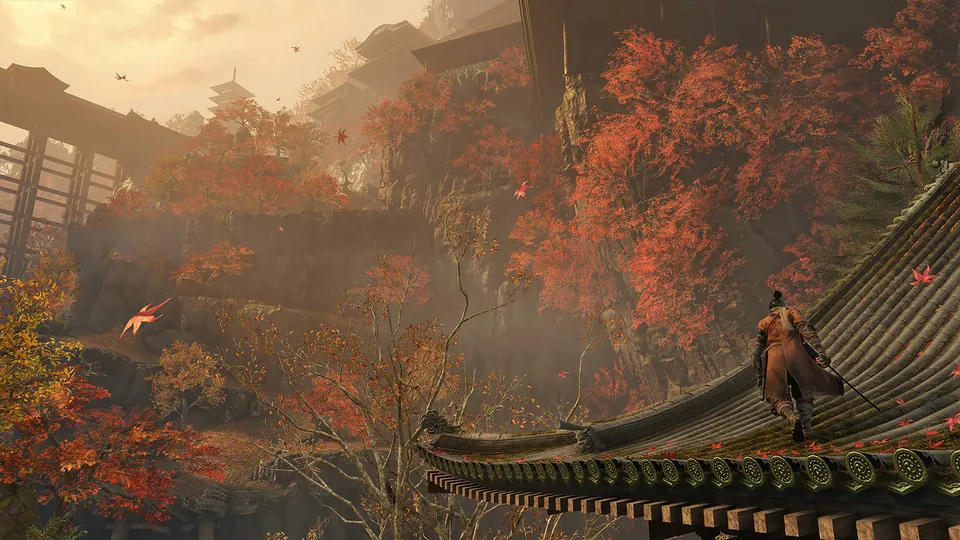 The shinobi walks along a temple roof surrounded by red autumn maple trees in Sekiro