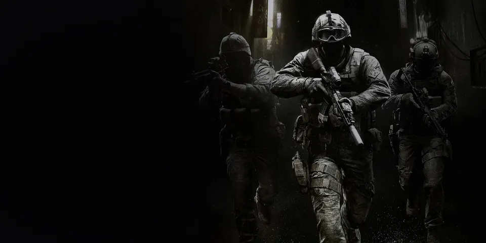 Three Call of Duty soldiers with rifles advance down a dark alley in key art from Microsoft's Xbox site