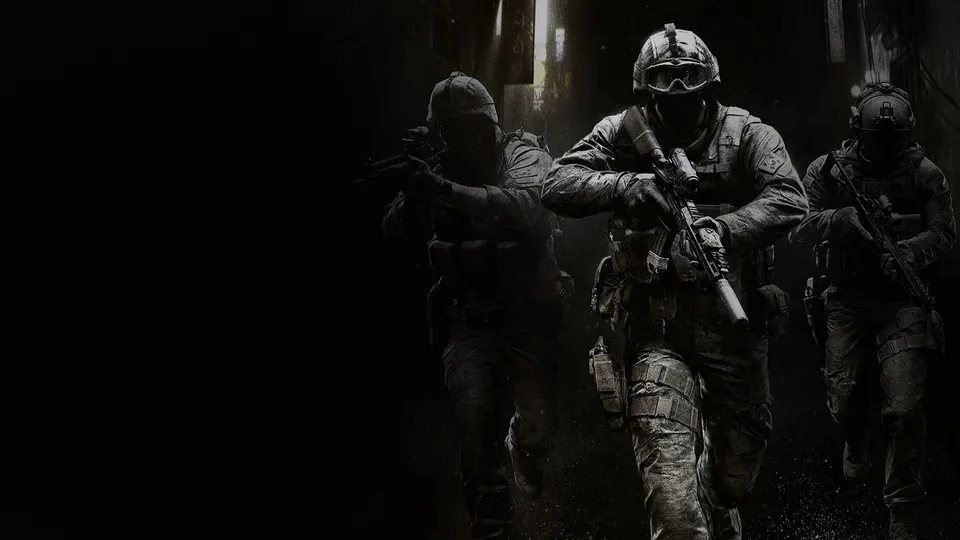 Three Call of Duty soldiers with rifles advance down a dark alley in key art from Microsoft's Xbox site