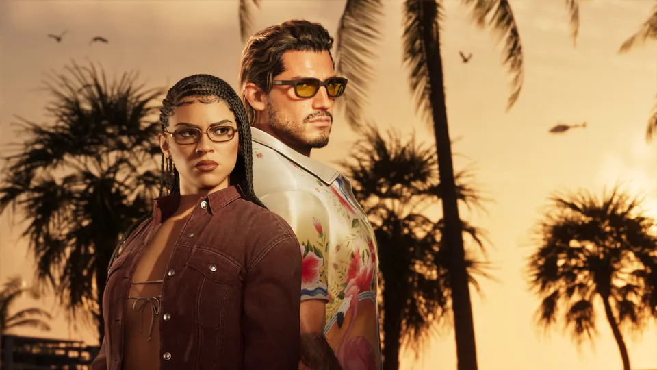 Lucia and Jason in sunglasses standing among palm trees at sunset in Grand Theft Auto VI