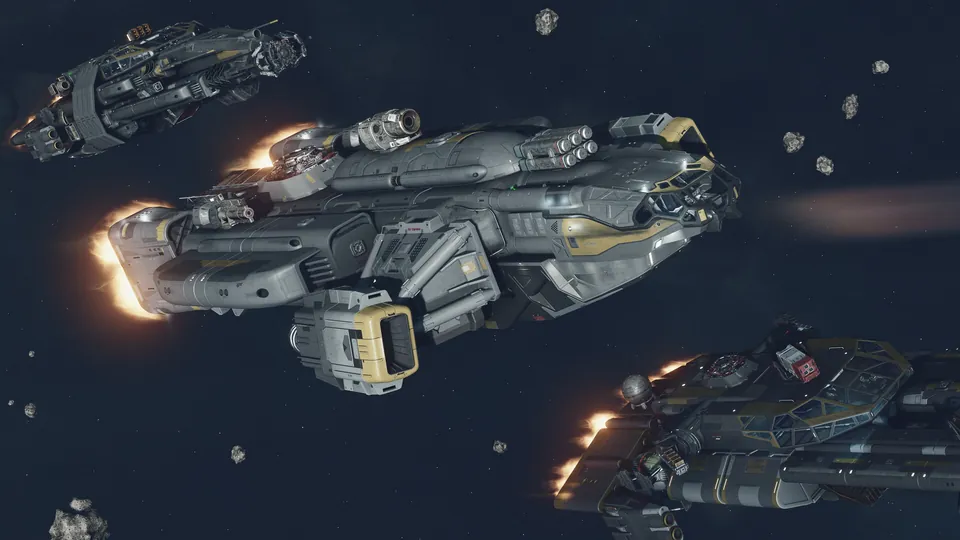 A group of spaceships flies in formation through space in Starfield: Terran Armada