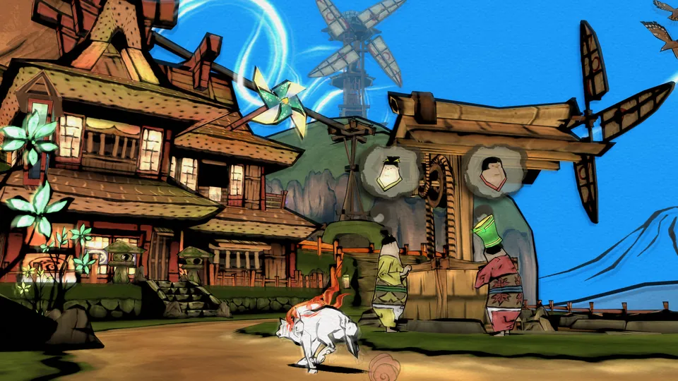 Amaterasu, a white wolf, runs through a village with windmills and wooden houses in Okami HD