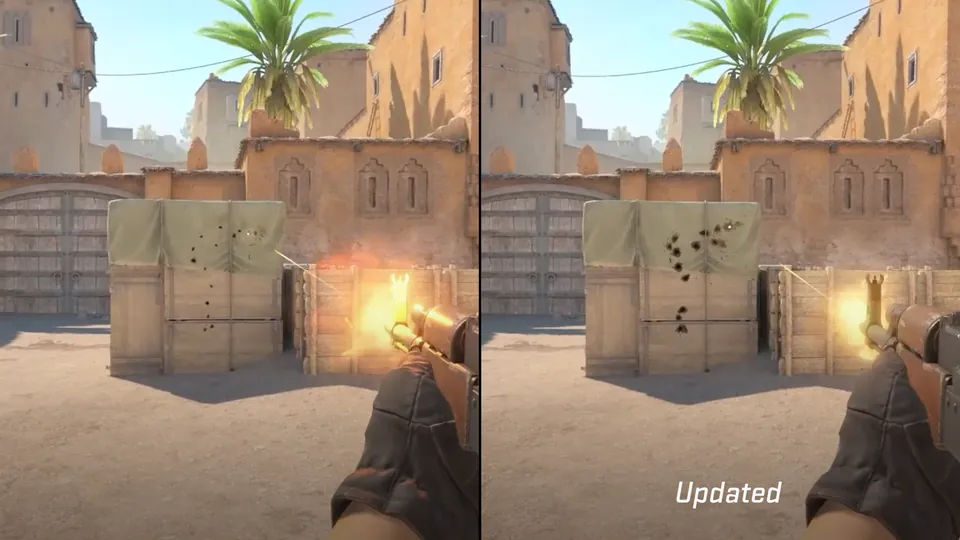 Before and after view of the clearer bullet impact decals on a wall in Counter-Strike 2