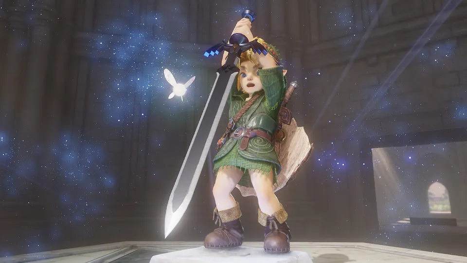 Young Link raises the Master Sword in the Temple of Time, with Navi beside him