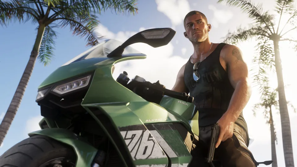 Jason Duval stands beside a green sport bike under palm trees in Grand Theft Auto VI