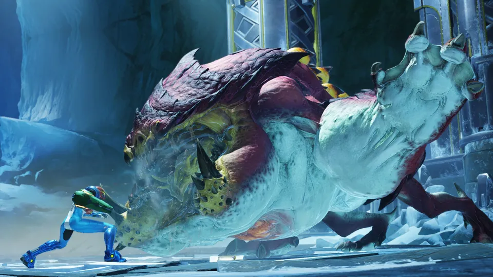 Samus Aran faces a giant ice-covered beast in a frozen hall