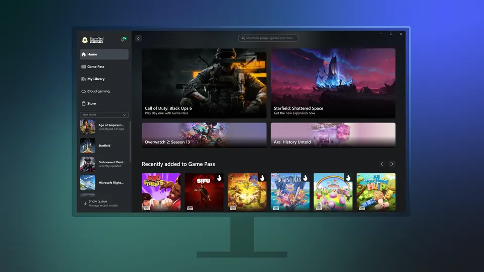 The Xbox app for Windows on a PC monitor with Game Pass, My Library and Cloud gaming in the side menu