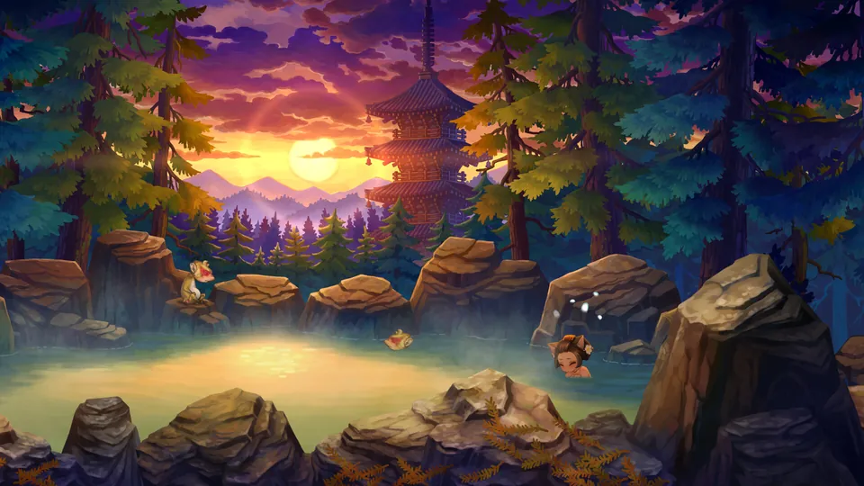 A pagoda at sunset beyond a forest clearing, one of the hand-painted backgrounds of Muramasa: Revenant Blades