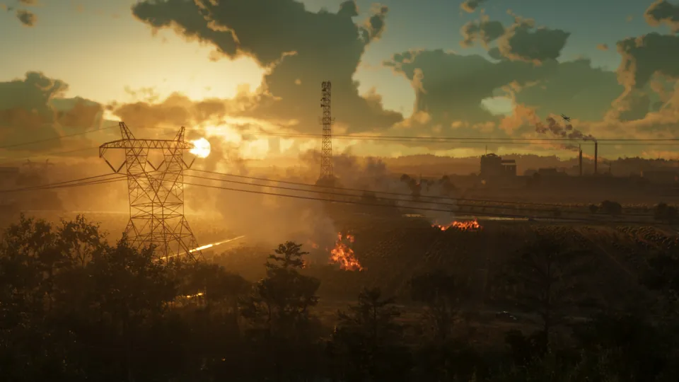 Power lines and smoke over fields in Ambrosia at sunset