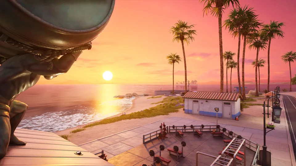 The sun sets over a beach boardwalk in Fortnite