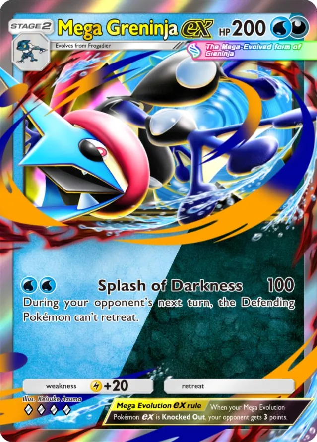 Mega Greninja ex card from Dual Fusion, a Water and Darkness type Stage 2 Pokémon with 200 HP and Splash of Darkness