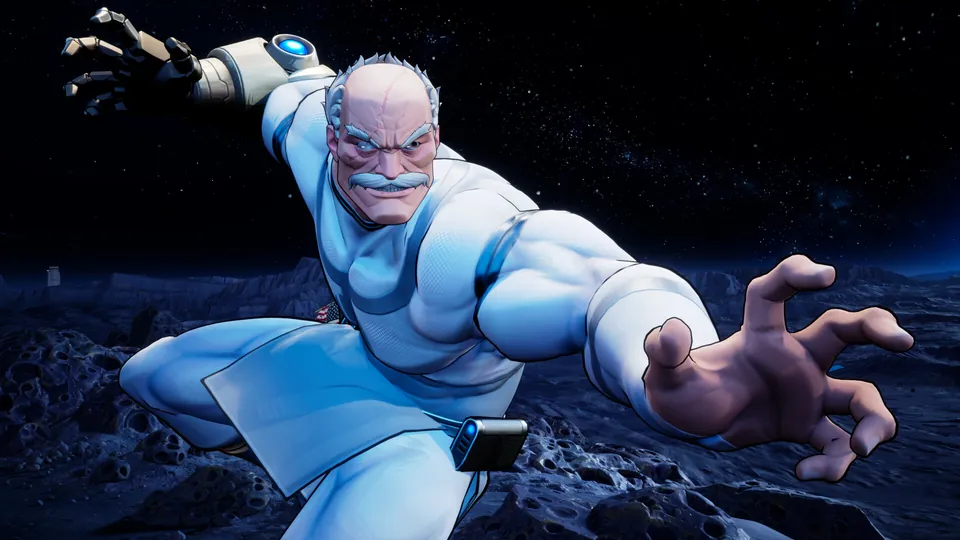 A white-haired fighter in a white suit lunges toward the camera with an outstretched hand on a rocky, starlit surface in Invincible VS