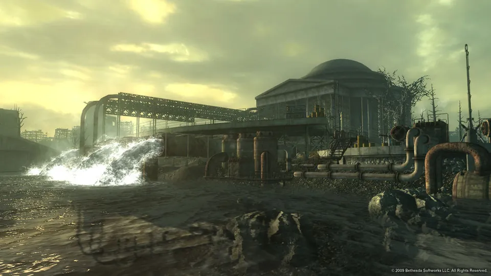 The ruined Capitol building rises behind broken pipes and rubble in Fallout 3's Capital Wasteland