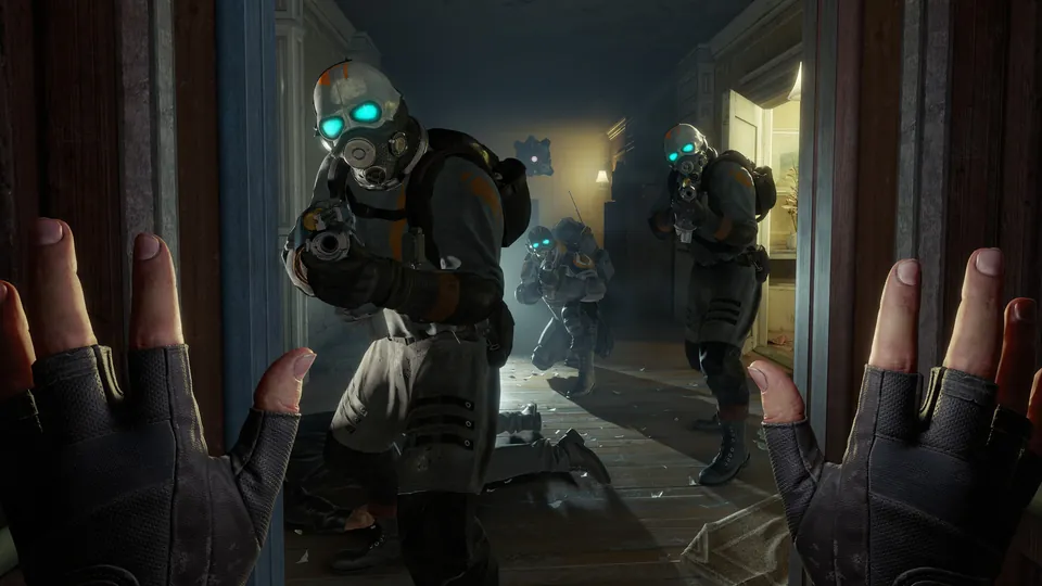 Combine soldiers with glowing visors storm a narrow apartment hallway toward the player's raised hands in Half-Life: Alyx