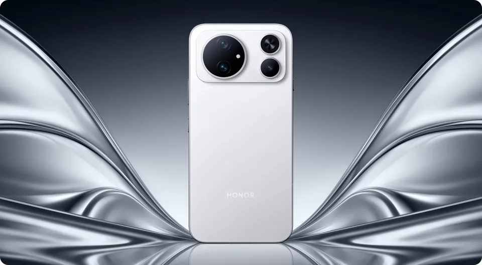 Back of the white Honor Magic 9 Super Power standing against silver curves