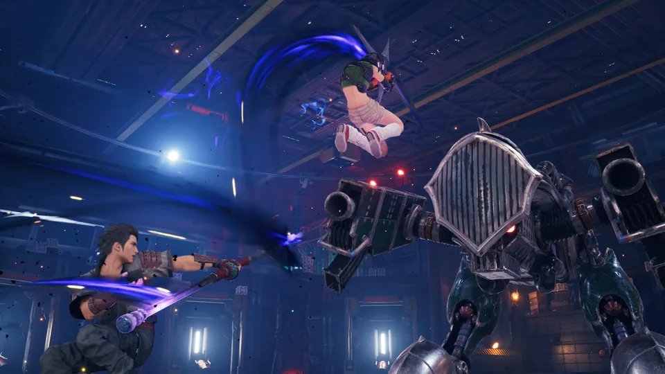 Yuffie flips through the air above a large mech while a partner with a glowing staff strikes from below in FF7R Episode INTERmission