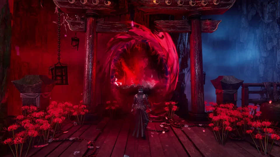 A lone ninja stands before a glowing red portal under a torii gate among red flowers