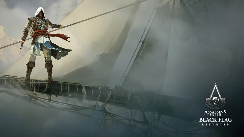 Edward Kenway stands on a ship's yard above the sea in Black Flag Resynced art