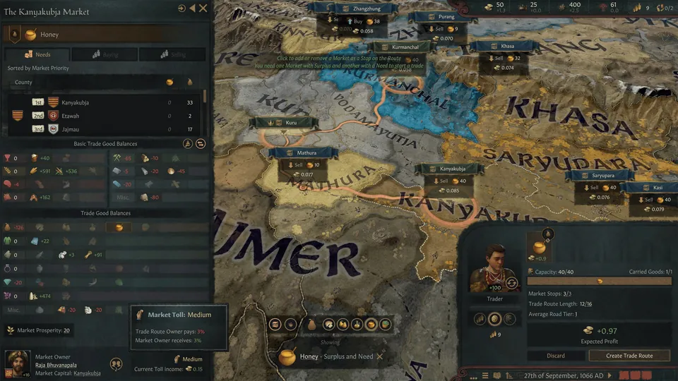 Trade route interface over northern India with a honey market panel, a route linking three markets and a Create Trade Route window