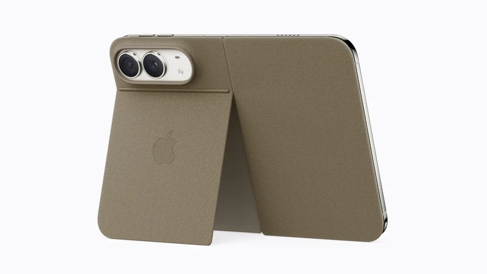 An iPhone Duo in a taupe folio case folded into a stand