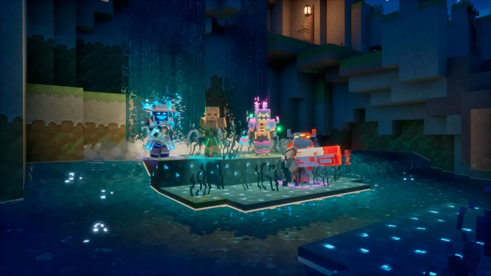 Four heroes in colorful armor stand together on a glowing platform in a dark cave in Minecraft Dungeons II
