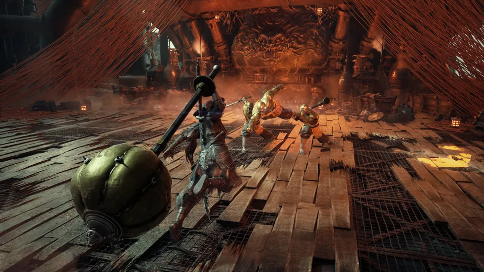 A fighter swings a giant spiked mace at enemies on a broken wooden floor inside a temple hall in Phantom Blade Zero