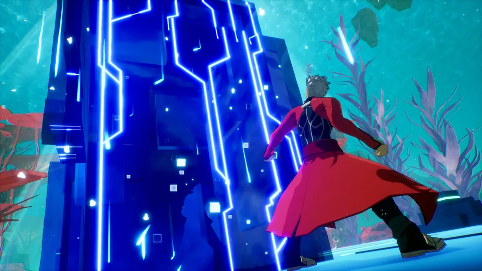 Archer, in a red coat, stands before a glowing blue data tower in Fate/Extra Record