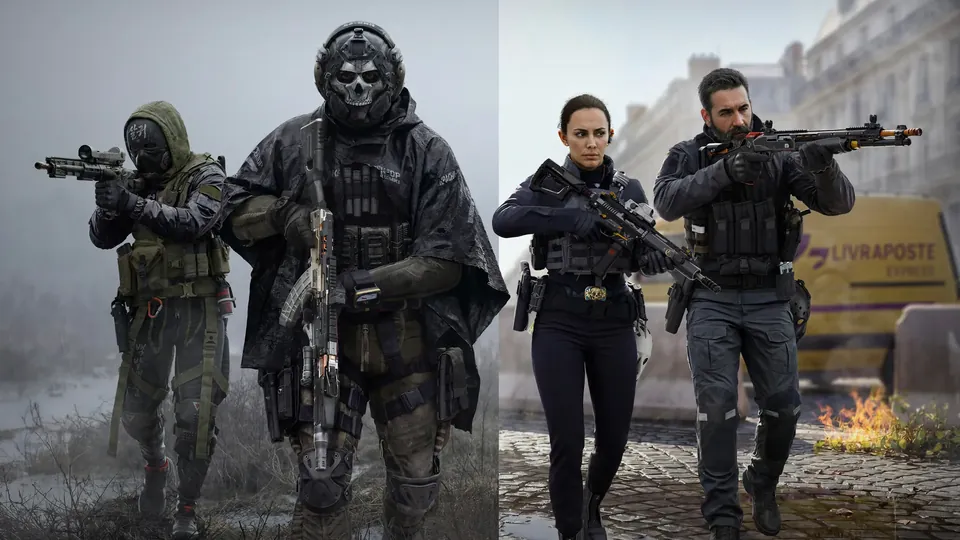 Four Modern Warfare 4 operators in tactical gear, two in a misty street and two in a city plaza.
