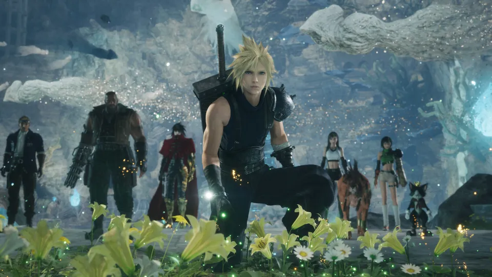 Cloud kneels in a field of white flowers with the full party standing behind in Final Fantasy VII Revelation