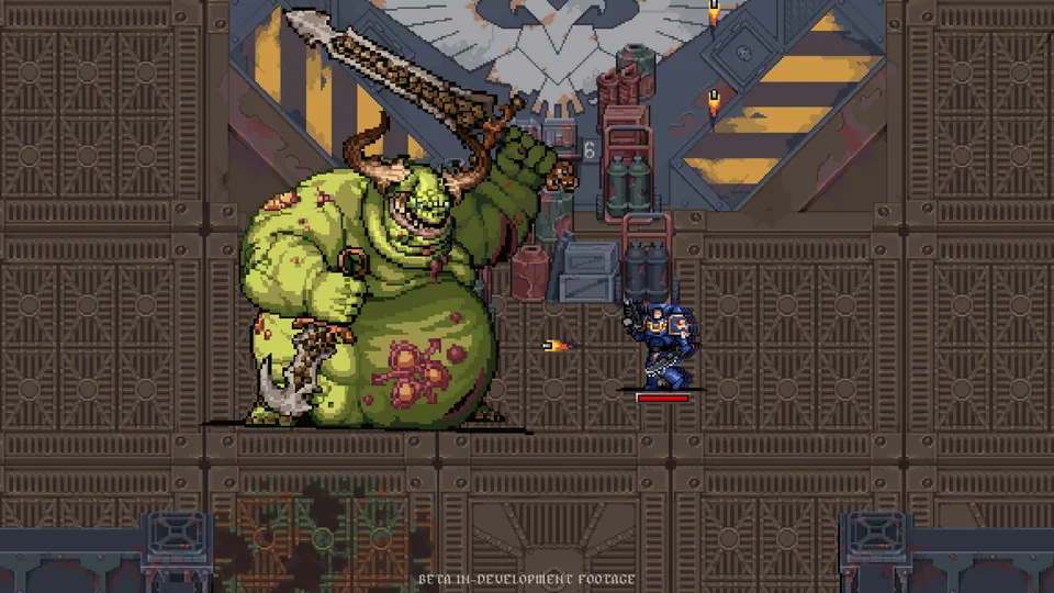 A huge bloated green daemon with horns swings a giant sword at a blue-armored Space Marine in a metal corridor in Warhammer Survivors