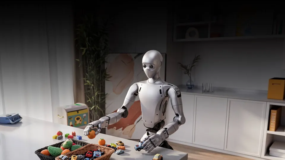 A Unitree H2 Plus picking up toys from a table and putting them in a basket in a living room
