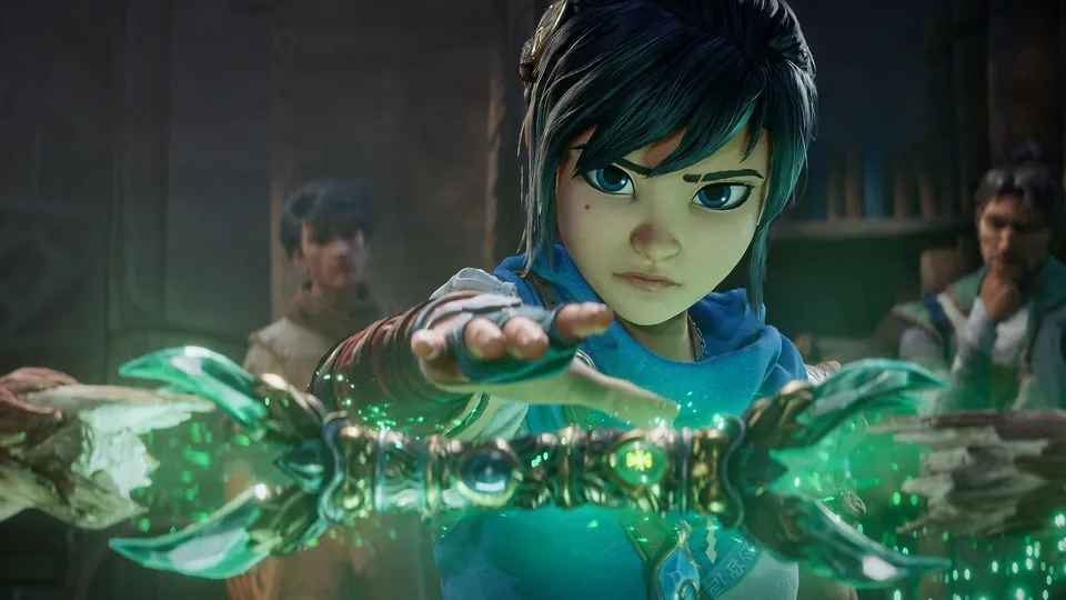 Kena reaches toward a broken staff glowing with green energy as two villagers watch in Kena: Scars of Kosmora