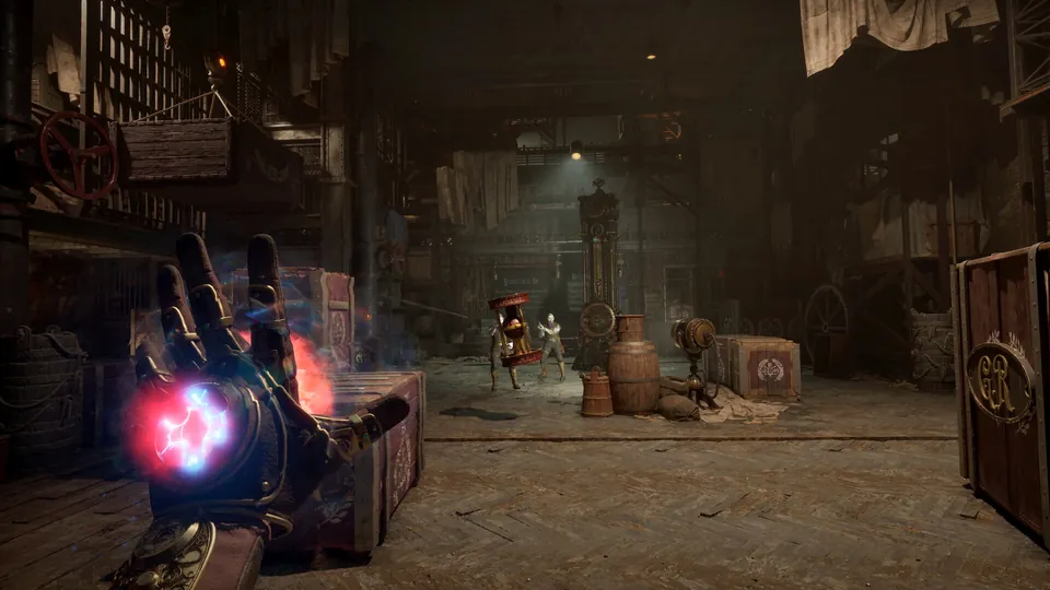A brass gauntlet glows red as the player aims it at enemies in a cluttered workshop