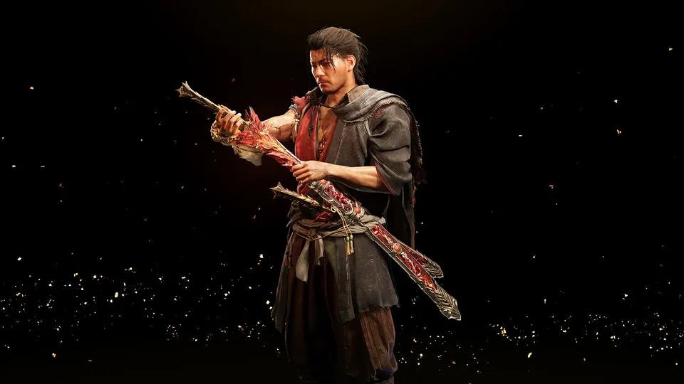 Miyamoto Musashi holds the ornate red Enryuu sword appearance from the Deluxe Kit in Onimusha: Way of the Sword