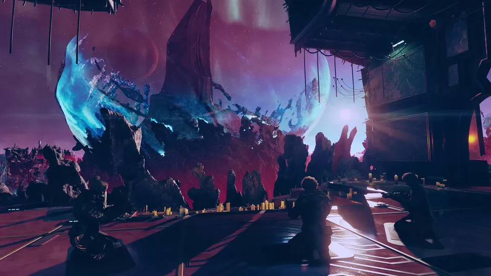 A glowing blue vortex hangs over the ruined city of Dazra in Starfield's Shattered Space expansion.