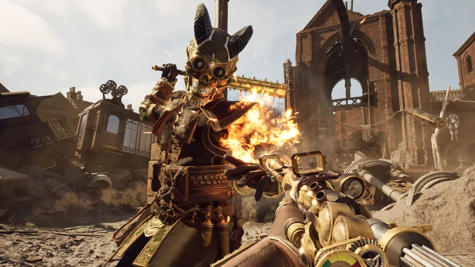 An armored soldier in a horned mask fires a flamethrower in a ruined street