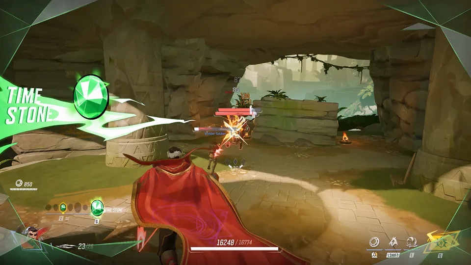Player capturing the green Time Stone in a jungle temple in the Infinity War mode of Marvel Rivals