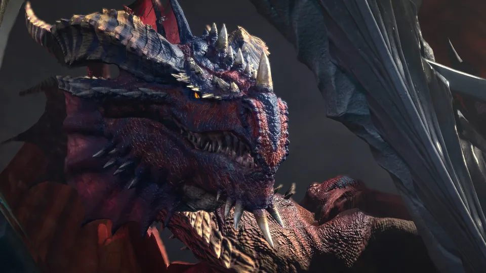 Close-up of a red dragon's horned head with bared teeth