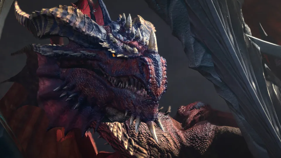 Close-up of a red dragon's horned head with bared teeth