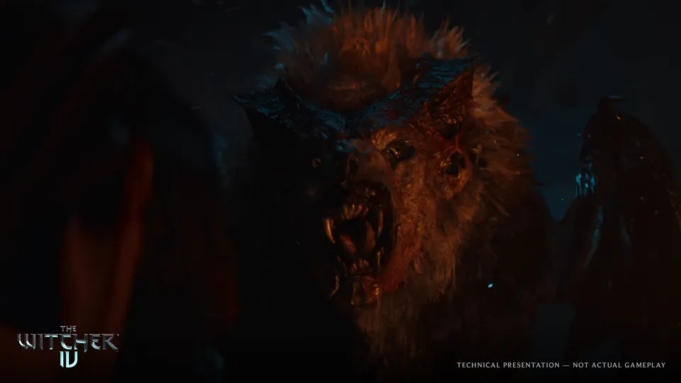 A snarling manticore with a lion's mane and horns in the dark, from The Witcher 4 tech demo