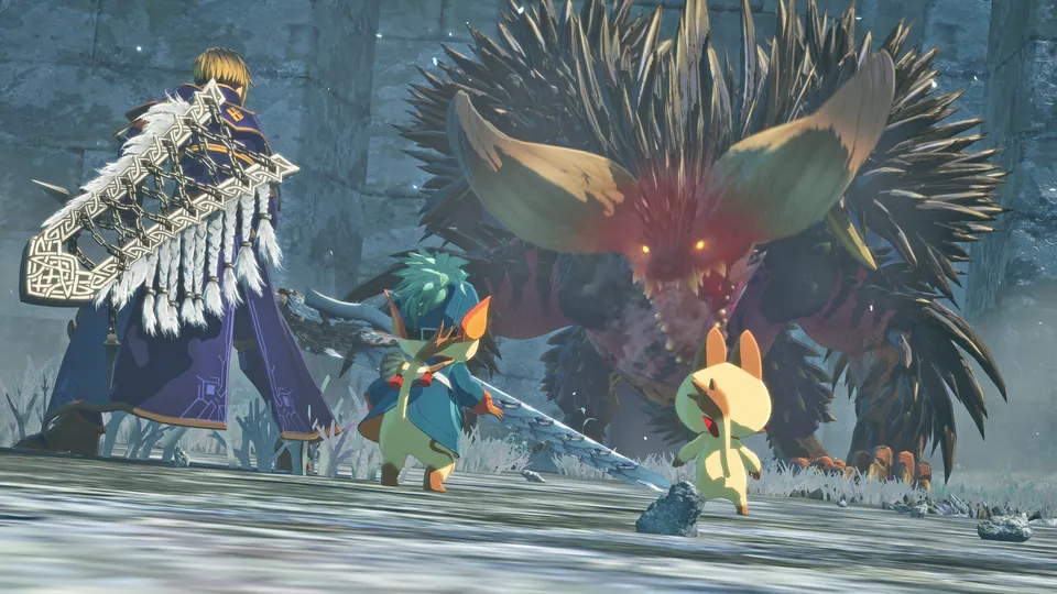 A hunter, a small companion and a Felyne face the spiky Elder Dragon Nergigante on a frozen battlefield in Monster Hunter Stories 3