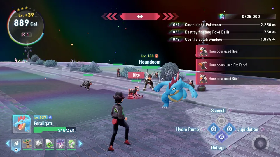 A Trainer battles a level 138 Houndoom alongside Feraligatr on a hazy purple street in Hyperspace Lumiose in Pokémon Legends: Z-A Mega Dimension