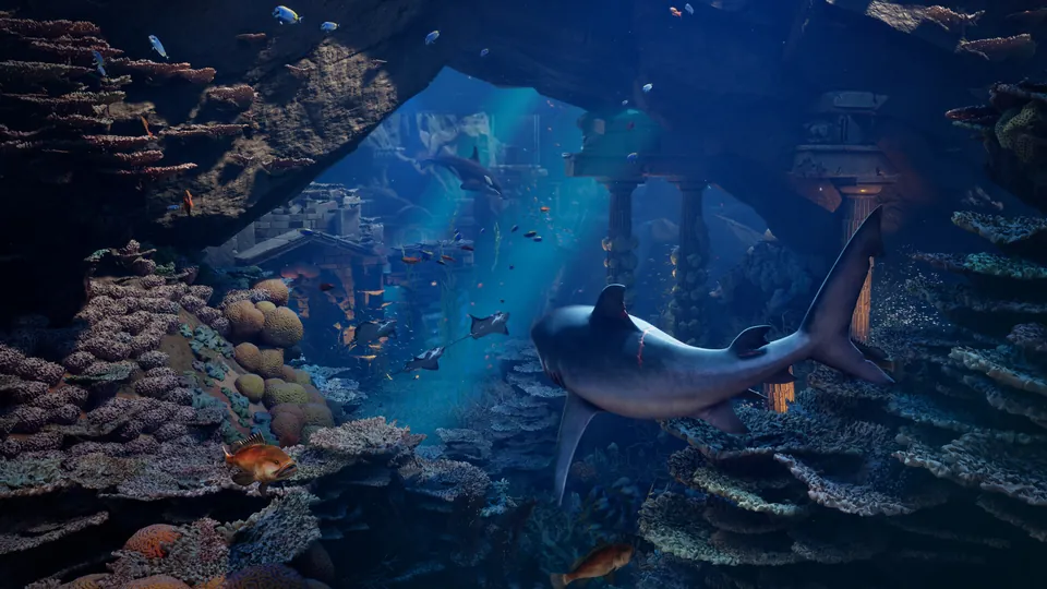 A shark swims through a coral reef among sunken columns in Maneater 2