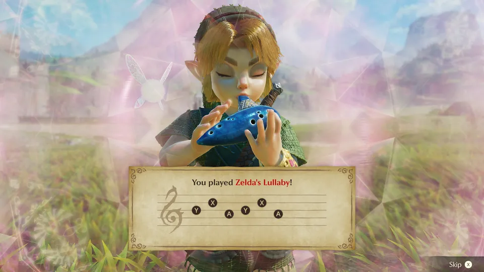 Link plays Zelda's Lullaby on the ocarina, with the song's notes shown on screen