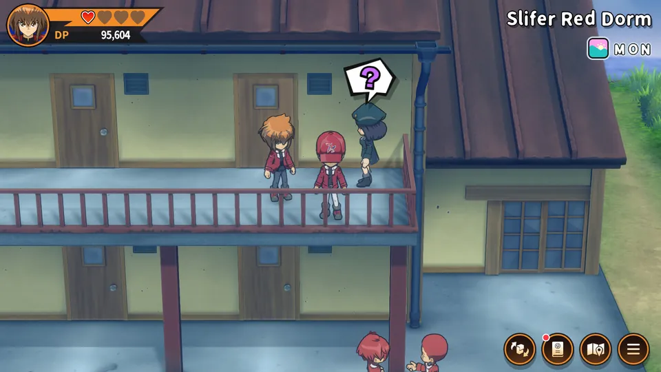 Jaden and classmates on the balcony of the Slifer Red Dorm at Duel Academy in Yu-Gi-Oh! Tag Force GX