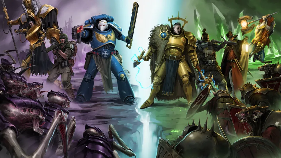 A blue-armored Space Marine, a golden Stormcast Eternal and other Warhammer heroes face a swarm of monsters in Warhammer Survivors key art